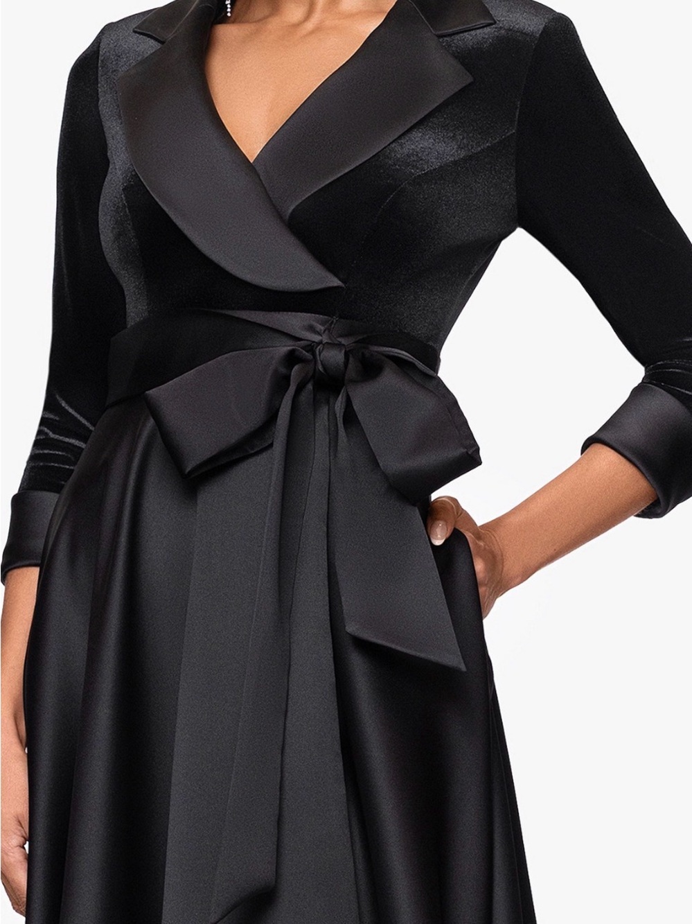 XSCAPE Black Velvet & Satin Wrap Waist Dress - Picture 7 of 8